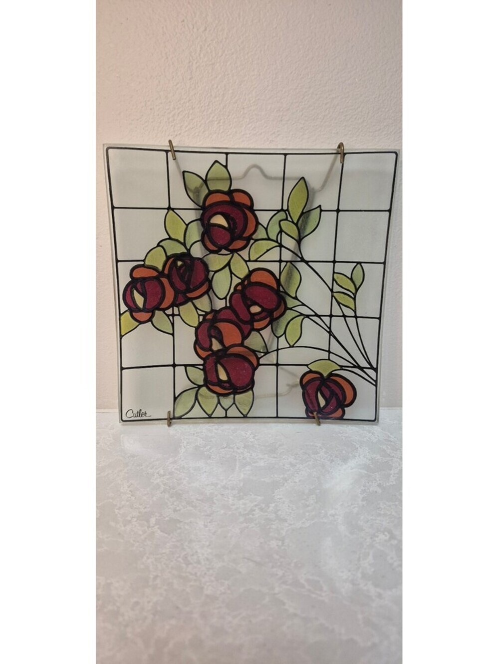 Vintage Cutler Signed Hand-Painted Glass Panel Decor - Mackintosh Red Rose